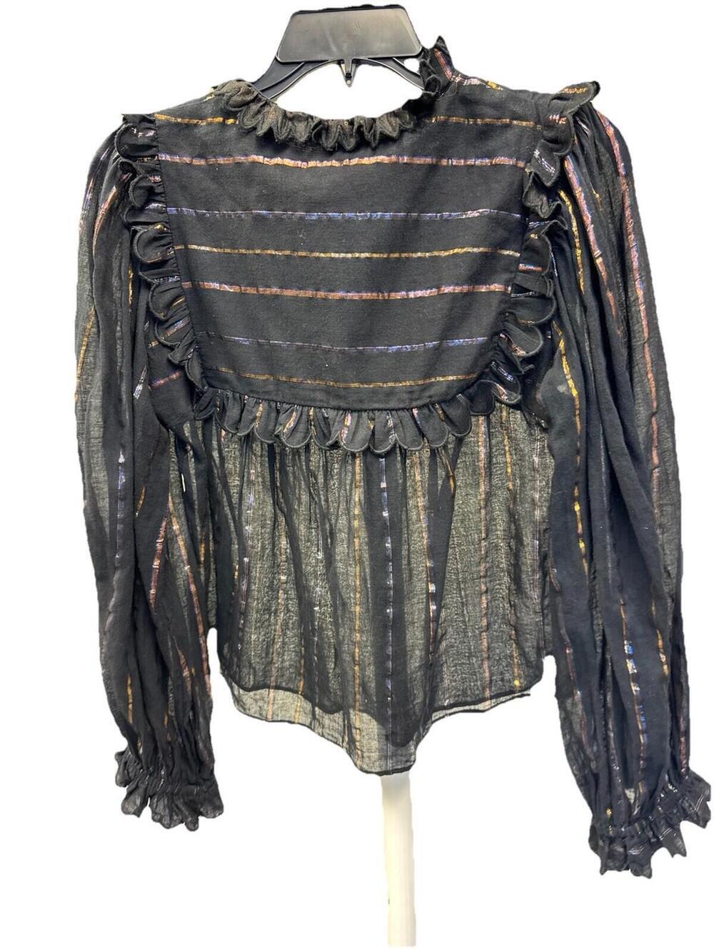 Farm Rio Top Blouse Long sleeve Stripe Ruffle Black Cotton Sz S - Picture 4 of 6